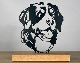 Customizable Metal Dog Portrait Decoration - Bernese Mountain Dog - Wooden Base - Made in France