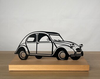 Hecho en Francia, Antiguo coche de colección, Obra de arte en metal con base de madera, decoración interior, Decoración salón garaje, 2 CV