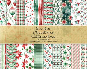 Christmas Watercolor Digital Paper Pack #1, 20 seamless printable textures, printable scrapbook paper