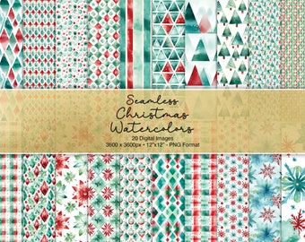 Christmas Watercolor Digital Paper Pack #2, 20 seamless printable textures, printable scrapbook paper