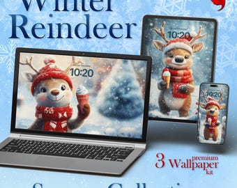 May include: A laptop, tablet, and smartphone display a winter-themed wallpaper featuring a cartoon reindeer wearing a red hat and scarf, holding an ice cream cone. The devices are set against a blue snowflake background. Text reads "Winter Reindeer" and "Season Collection".