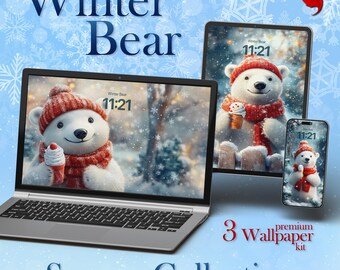 Fantasy Wallpaper Kit for Desktop, Tablet, Phone | Winter Bear - Season Collection - Perfect Ice Cream Background | Digital Download Set