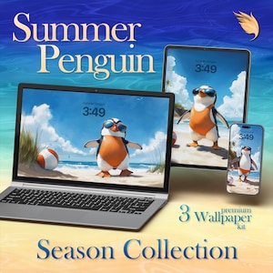 Pode incluir: Um laptop, tablet e smartphone exibem um papel de parede correspondente com um pinguim de desenho animado usando óculos de sol em uma praia. As telas exibem o texto "Summer Penguin" e "3:49". A imagem é rotulada como "Season Collection" e "3 premium wallpaper kit".