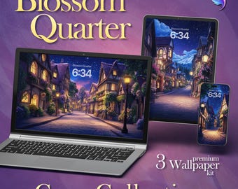 May include: A laptop, tablet, and smartphone showcase a street scene with the text "Blossom Quarter" and "6:34". The devices are part of a "Cozy Collection" with a "3 premium wallpaper kit" label, set against a purple background.
