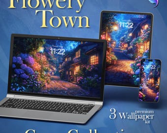 May include: A laptop, tablet, and smartphone showcase a wallpaper depicting a flower-filled street with lit buildings. The words "Flowery Town" and "Cozy Collection" are visible. The image also includes the text "3 premium wallpaper kit".