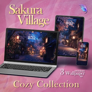 May include: A laptop, tablet, and smartphone display a nighttime village scene with the text "Sakura Village" and "Cozy Collection." The screens show a street with glowing lanterns and cherry blossoms. The smartphone, tablet, and laptop are on a pink background.