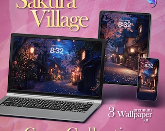 May include: A laptop, tablet, and smartphone display a nighttime village scene with the text "Sakura Village" and "Cozy Collection." The screens show a street with glowing lanterns and cherry blossoms. The smartphone, tablet, and laptop are on a pink background.
