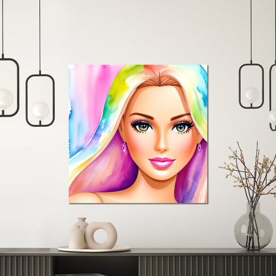 Watercolor Barbie Girl Portrait Painting Bright Colors Canvas Print Wall Home Decor Photo on Frame Ready to Hang Etsy