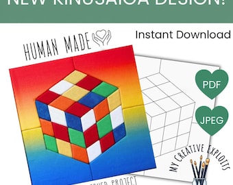 May include: A digital craft pattern featuring a colourful cube puzzle design with red, blue, yellow, green, and white squares. Text includes NEW KINUSAIGA DESIGN!, HUMAN MADE, Instant Download, PDF, JPEG, ACTUAL FINISHED PROJECT, and MY CREATIVE EXPLOITS ART BY RACHEL FRAY.