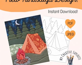 May include: A Kinusaiga design pattern featuring a camping scene with a tent, campfire, and pine trees under a crescent moon. The image includes text reading New Kinusaiga Design!, Instant Download!, PDF, JPEG, and My Creative Exploits Art by Rachel Fray.