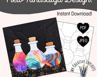 May include: A digital design titled New Kinusaiga Design! featuring three potion bottles with colourful marbled patterns, cork stoppers, and white necks. The image includes a black background with gold flecks, a line art template, PDF and JPEG icons, and text.