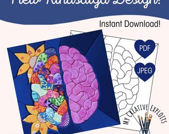 May include: A Kinusaiga design pattern featuring a brain illustration with one side composed of colourful patterned fabric segments and the other side in solid pink. Text includes New Kinusaiga Design, Instant Download, PDF, JPEG, and My Creative Exploits Art by Rachel Fray.