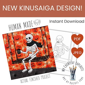 May include: A Kinusaiga craft pattern featuring a skeleton wearing a black scarf and holding a mug, set against an orange background with jack-o'-lanterns. The design includes a black spiderweb border and a line art template for PDF and JPEG.