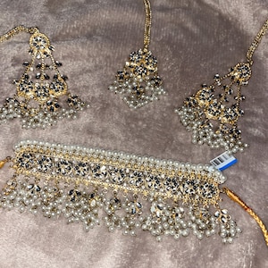 Pakistani indian jewellery set/Pakistani jewellery set/kundan jewellery set/gold jewellery set/kundan style pearl necklace set Pakistani