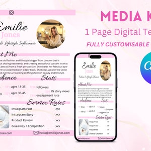 1 ページ メディア キット Canva テンプレート 編集可能な Blogger プレス キット Tiktok メディア キット 編集可能な Canva Instagram メディア キット