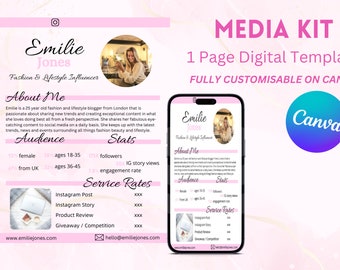 May include: A pink and white media kit template for a fashion and lifestyle influencer named Emilie Jones. The template includes information about Emilie, her audience, her stats, and her service rates. The template is fully customizable on Canva.