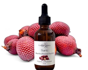 May include: A brown glass bottle of Buriti oil with a black dropper, labeled "Emilia Organics." The bottle is surrounded by several red, textured Buriti fruits. The label indicates the oil is organic, cold-pressed, and 2 oz.