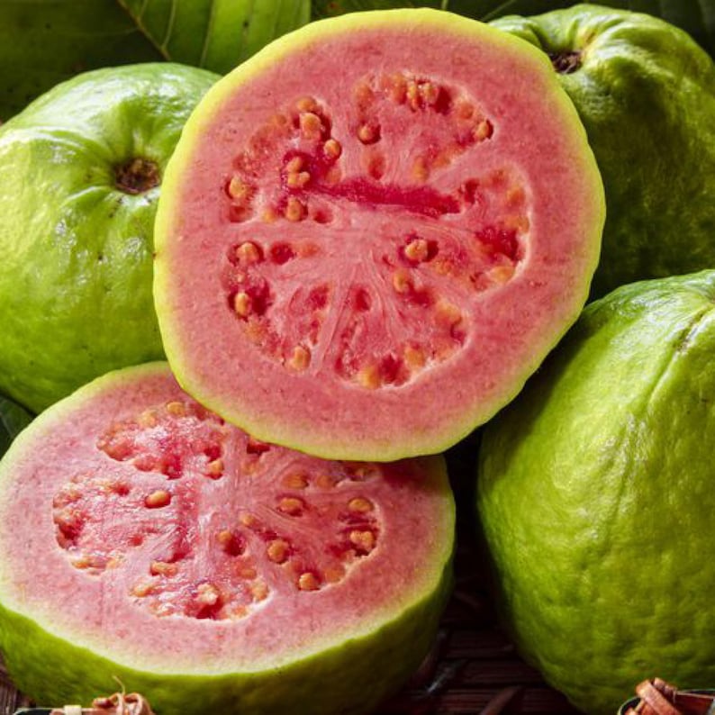 May include: Close-up of four whole guavas, two of which are cut in half, revealing the pink flesh and black seeds. The guavas are green on the outside and have a smooth texture.