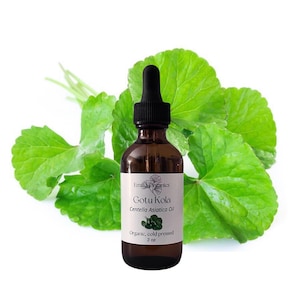 Op de afbeelding: Een bruine glazen fles Gotu Kola Centella Asiatica Olie met een zwarte druppelaar, tegen een achtergrond van verse groene Gotu Kola bladeren. Het etiket luidt "Emilia Organics" en "Organic, cold pressed, 59 ml."