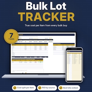May include: A Google Sheets template titled Bulk Lot Tracker for calculating true cost per item. The display shows a laptop and smartphone screen with data tables, financial metrics, and 7 tabs. Features include cost split per item, ROI by source, and best lots ranked, branded by Navy Ledger Co.