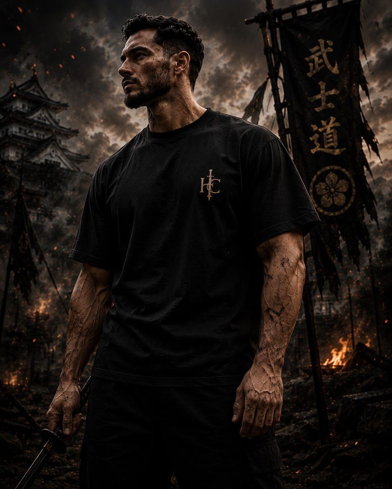 T-shirt met samoerai-krijger-afbeelding | Bushido Japanse kunst T-shirt van zwaar katoen afbeelding 2