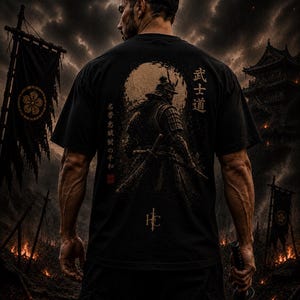 T-shirt met samoerai-krijger-afbeelding | Bushido Japanse kunst T-shirt van zwaar katoen afbeelding 1