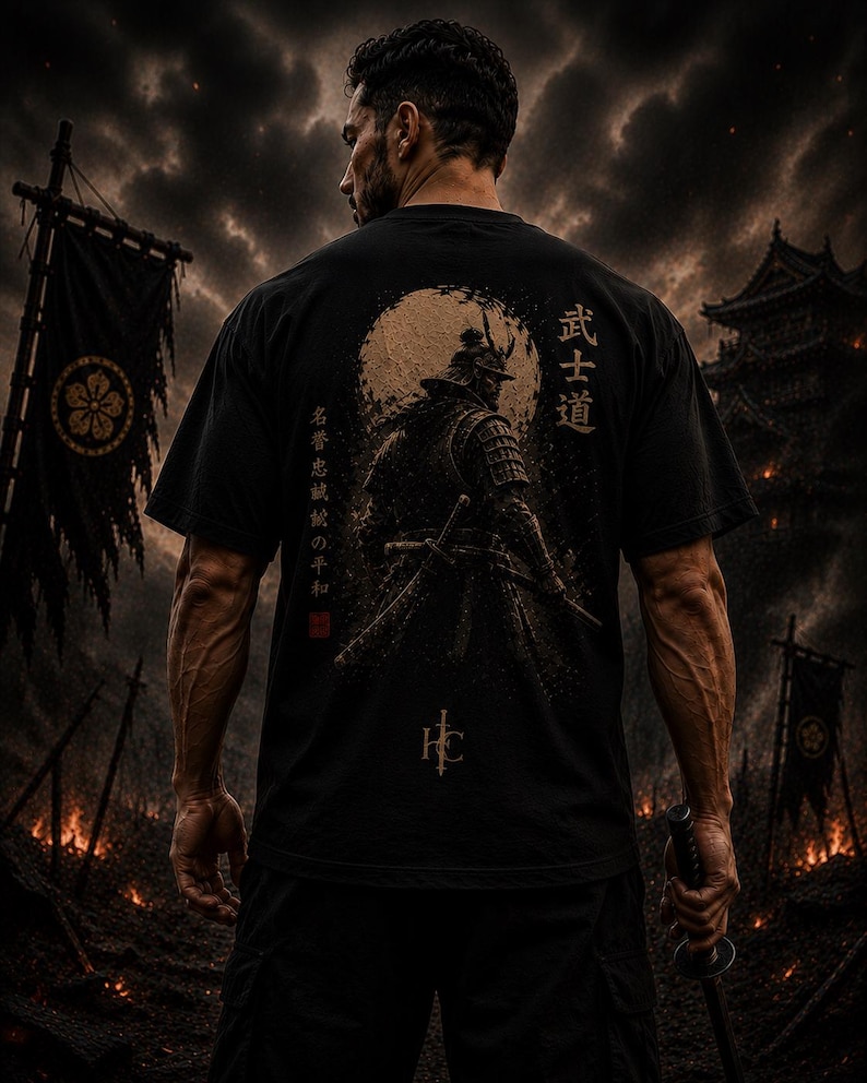 T-shirt met samoerai-krijger-afbeelding | Bushido Japanse kunst T-shirt van zwaar katoen afbeelding 1