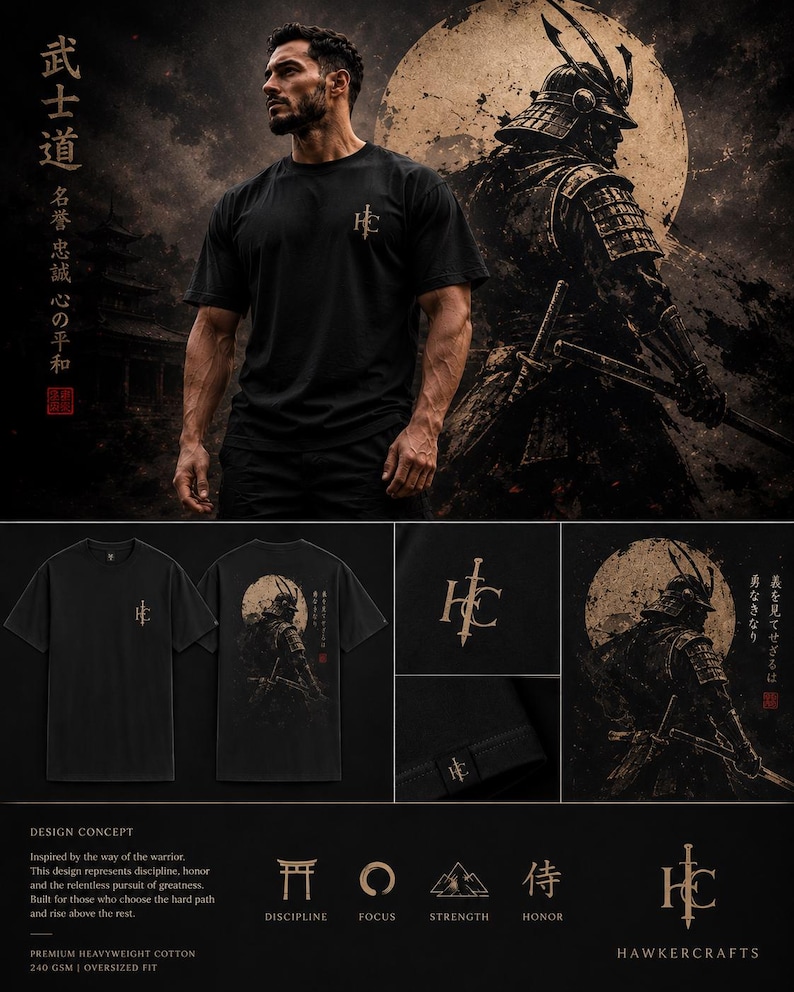 T-shirt met samoerai-krijger-afbeelding | Bushido Japanse kunst T-shirt van zwaar katoen afbeelding 3