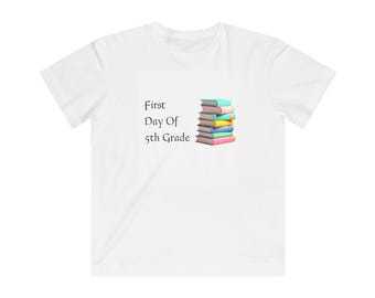 First Day of 5th Grade Kids Tee | Stack of Books, Back to School Shirt
