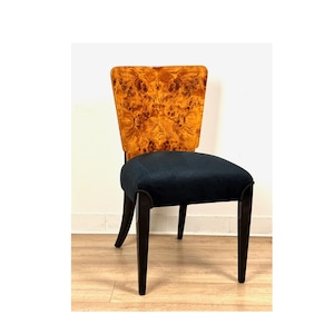 Elegant Art Deco Chair Halabala H-214 – Natural Burl Wood Veneer, Solid Wood, High Gloss Finish, Upholstered Dining Chair