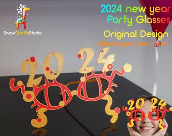 SnowGiraffe Design 2024 Glasses Frame - New Year Party Decor and Costume Dress Up | Gold NYE Photo Booth Props 3D Printed Gift and Accessory