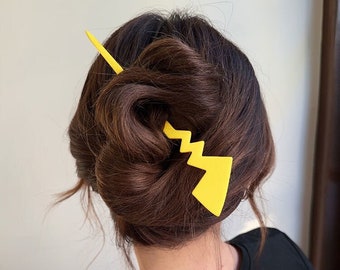 Cute Pikachu-Themed Hair Stick with Lightning Tail Design, Yellow Cartoon Pokemon Hairpin Accessory for Women and Girls - Perfect Gift