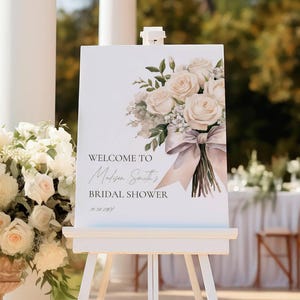 White Rose Wedding Welcome Sign: Elegant Floral Decor (Printable Canva Template)