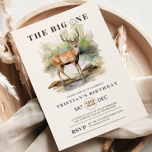 Hunting First Birthday Invitation: The Big ONE Invite, Watercolor Deer, Forest (Canva Template) - 013