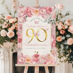Plaque de bienvenue 90e anniversaire - 90 ans d'amour - plaque florale rose - parfaite pour les célébrations d'une étape importante - affiche de bienvenue personnalisable - Canva