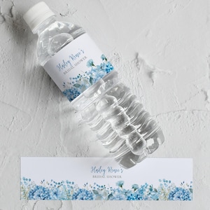 Brautdusche Wasserflaschen Etikett: Blaue Hortensie Blumen (Digital Download 8x2 "" Vorlage) - Canva - 014."