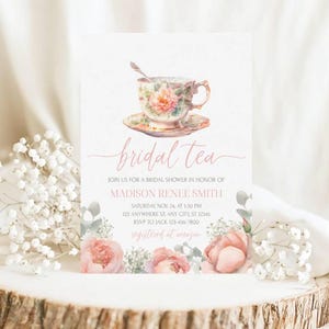 Bridal Tea Party Invite: Pink Peonies, Editable Template (JetTemplate)