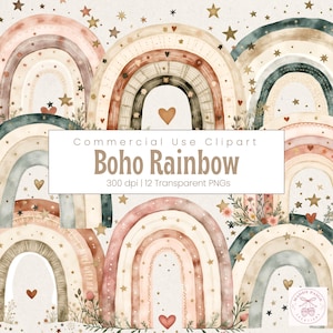Boho Watercolor Rainbow Clipart, Nursery Wall Art, Baby Shower Clipart, Boho Rainbow Clipart, Baby Pastel Rainbows, Rainbow Wall Art