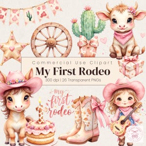 Pacchetto di clipart per il mio primo rodeo / Clipart per inviti al primo compleanno / Clipart per bambini cowgirl / PNG trasparenti / Uso commerciale / Pacchetto di clipart