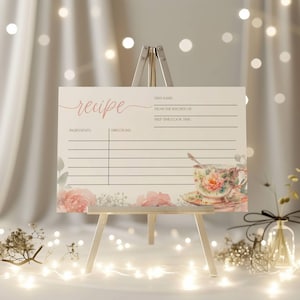Receptkaart bruids theekransje, bewerkbare sjabloon voor vrijgezellenfeest, uitnodigen bijlage, favoriete recepten, roze pioen vrijgezellenfeest, jet-sjabloon