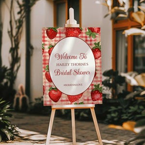 Letrero de bienvenida con texto "Berry in Love", decoración para despedida de soltera, tema de bayas dulces, suministros para fiestas, póster personalizable, JetTemplate, letrero con fresas