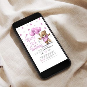 Beary First Birthday Girl Evite Template: Teddy Bear Theme (Digital Download)