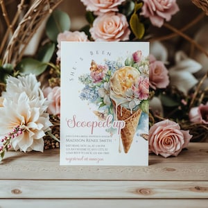 Faire-part de douche nuptiale évidé, invitation modifiable sur le thème de la crème glacée, carte de douche nuptiale d'été imprimable, crème glacée florale, modèle Jet