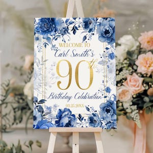 90th Birthday Welcome Sign, 90 Years Loved, Blue Floral Sign, Perfect for Milestone Celebrations, Customizable Welcome Poster, Jet template