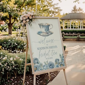 Bridal Tea Welcome Sign, Editable Floral Shower Decor, Printable Tea Party Sign, Custom Bridal Sign, Blue Rose Bridal Shower, Jet template