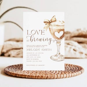 Love Is Brewing Bridal Shower Invite Espresso Martini, Editable Digital Download, Coffee Lover&#39;s Bridal Shower Invite, Canva template