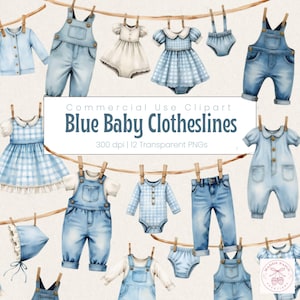 Blue Baby Clothesline Clipart: Denim & Gingham PNGs (Commercial Use, Digital Download
