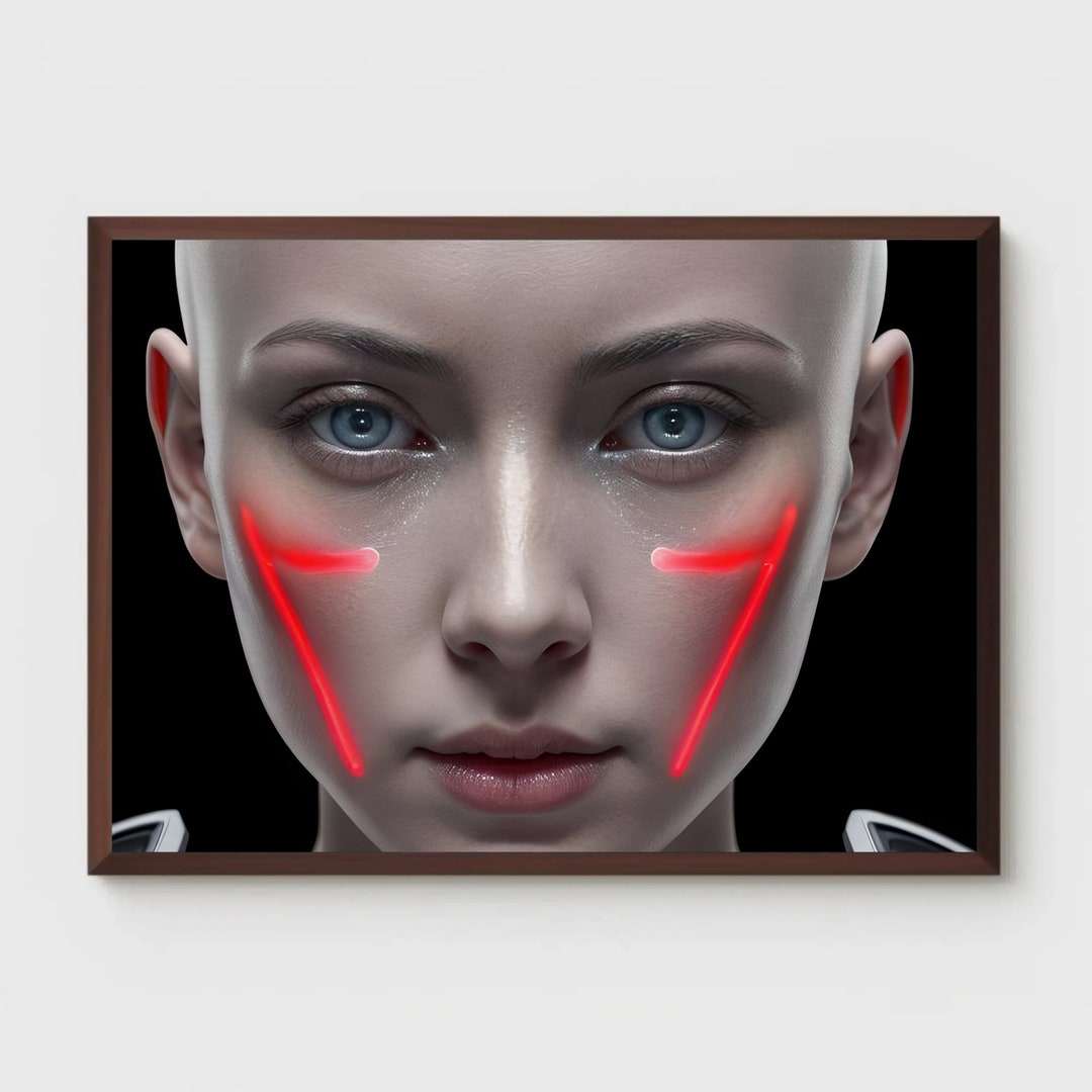 Digital Art. Half Human, Intense Gaze. Half Robot, Red Facial Markings
