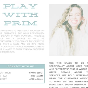 May include: A light blue and white graphic with the text "Play With Prim" and instructions on how to use the space to connect with customers. The graphic also includes a schedule for business hours: Monday through Thursday from 6 PM to 11 PM, Friday and Saturday from 2 PM to 3 AM, and Sunday from 4 PM to 10 PM.