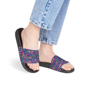 Cobblestone Dreams Women&#39;s Slide Sandals | Colorful Removable-Strap Summer Shoes, Mosaic Art Sandals for Vacation, Pool, or Everyday Wear